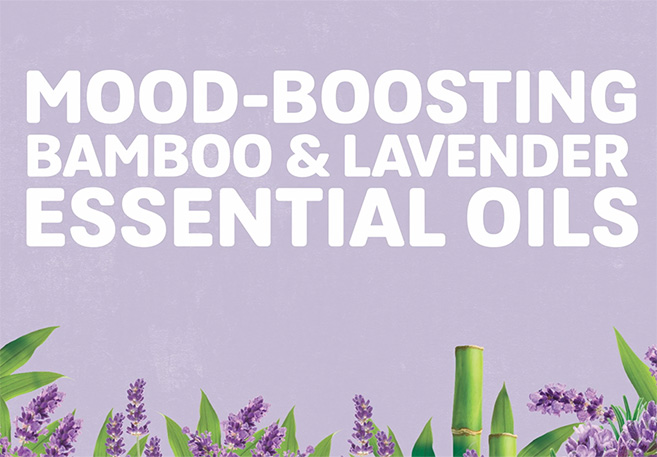 Video promoting mood-boosting bamboo and lavender essential oil, with bamboo and lavender illustrations at the bottom.