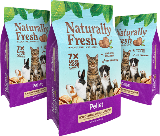 Three angled bags of Naturally Fresh Pellet Cat Litter
