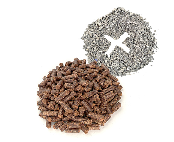 Walnut pellet litter with a and clay litter with an X mark