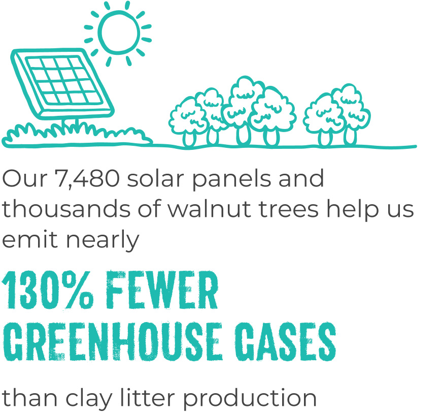 Our 7,480 solar panels and thousands of walnut trees help us emit nearly 130% fewer greenhouse gases than clay litter production