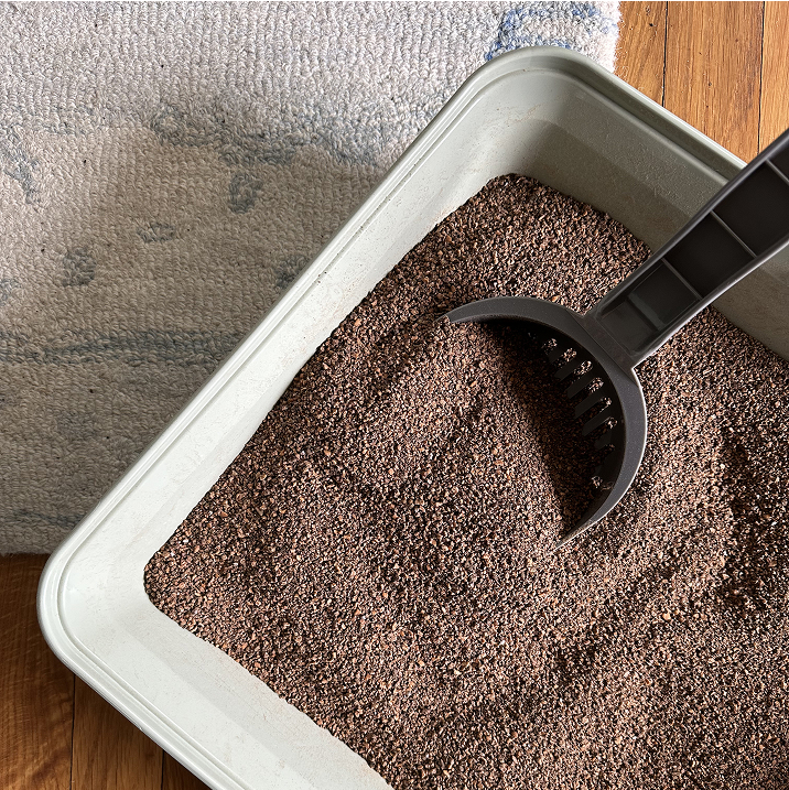 overhead view of walnut litter in a litter box with a scoop